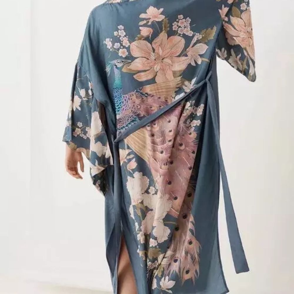 🍒NWT🍒 LIGHTWEIGHT PEACOCK PRINT BOHO KIMONO - Picture 4 of 14